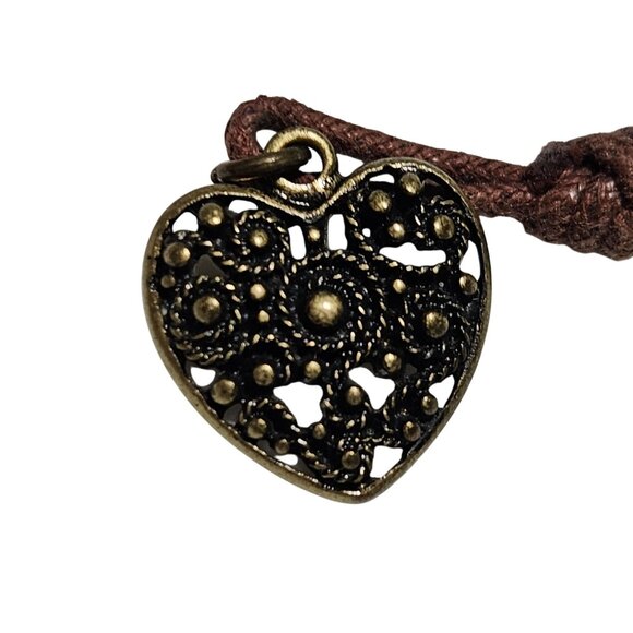 Vintage Heart Pendant Necklace Brown Braided Cord Antique Brass Filigree Charm - Picture 3 of 6